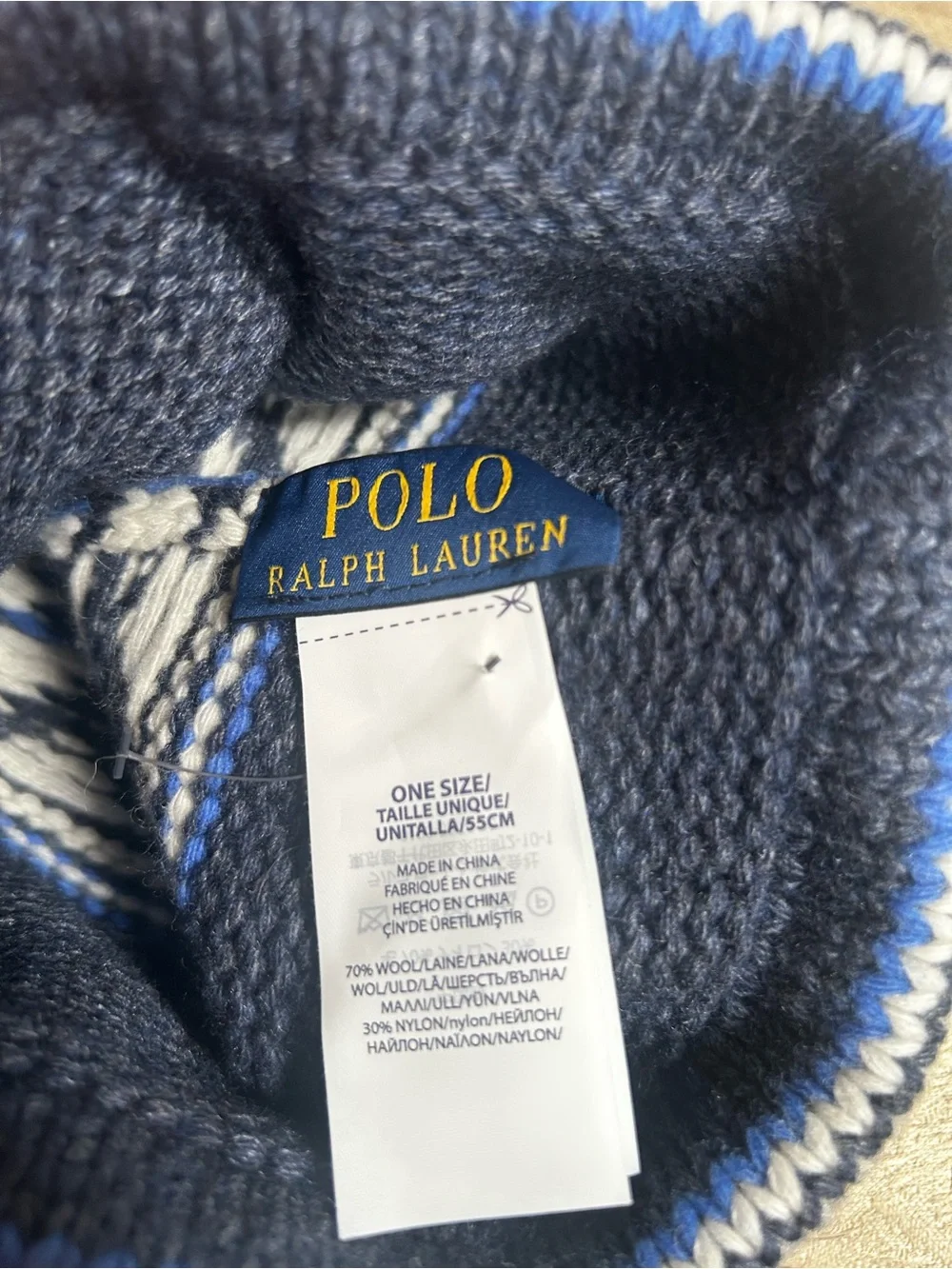 Polo by Ralph Lauren Fair Isle Wool Blend Blue, Black & White Knit Beanie